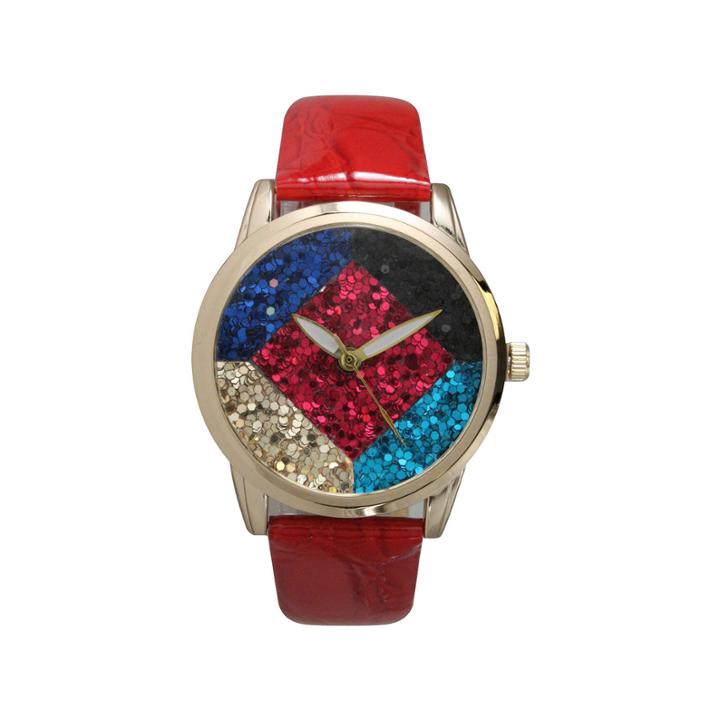 Olivia Pratt Womens Geometric Multi-colored Stone Dial Red Leather Watch 26664red