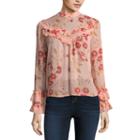 Arizona Long Sleeve High Neck Chiffon Floral Blouse-juniors