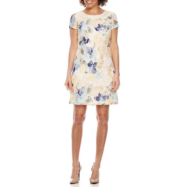 Perceptions Short Sleeve Lace Floral Shift Dress-petite