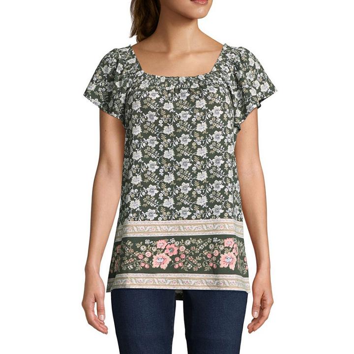 St. John's Bay Short Sleeve Square Neck Slubbed Blouse-petites