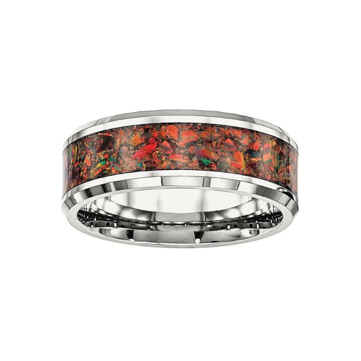 Mens Simulated Red Opal Stainless Steel Wedding Band
