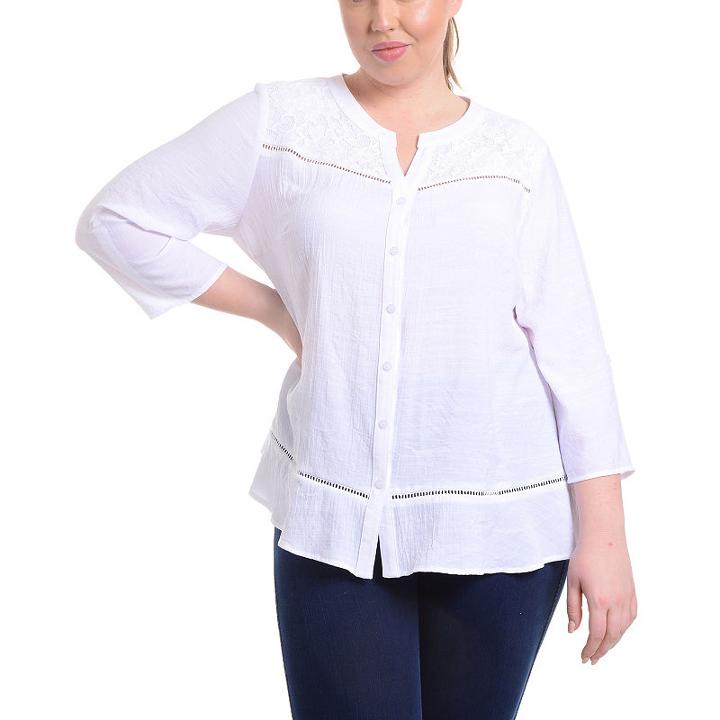 Ny Collection Lace Yoke Button Front Blouse - Plus