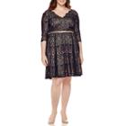 Luxology 3/4-sleeve Lace Belted Fit-and-flare Dress - Plus