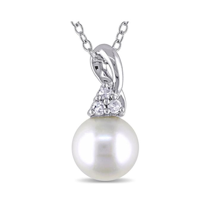 Cultured Freshwater Pearl And Diamond Accent Sterling Silver Pendant Necklace