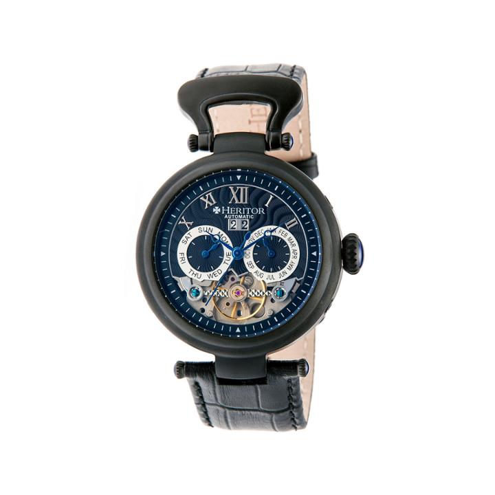 Heritor Automatic Ganzi Mens Leather Day & Date-black/navy Watches