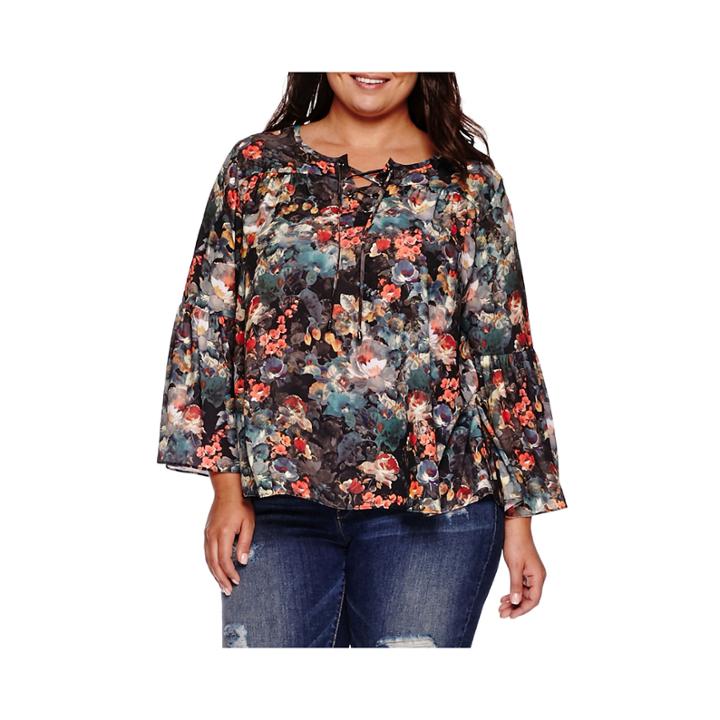 Boutique+ Long-sleeve Lace-up Peasant Blouse - Plus