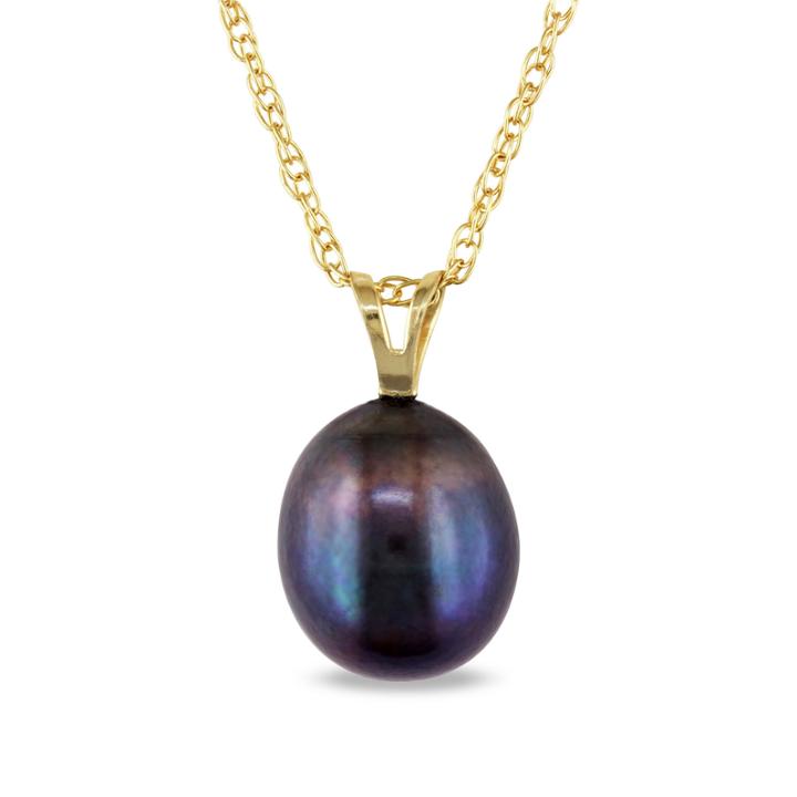 Black Cultured Freshwater Rice Pearl 10k Yellow Gold Pendant Necklace