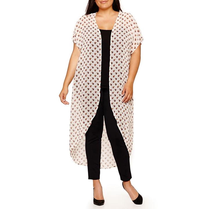 Boutique + Short Sleeve Woven Duster Cardigan - Plus