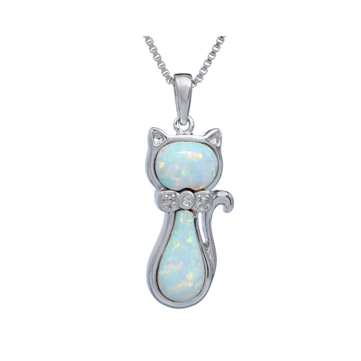 Lab-created Opal And Diamond-accent Sterling Silver Cat Pendant Necklace