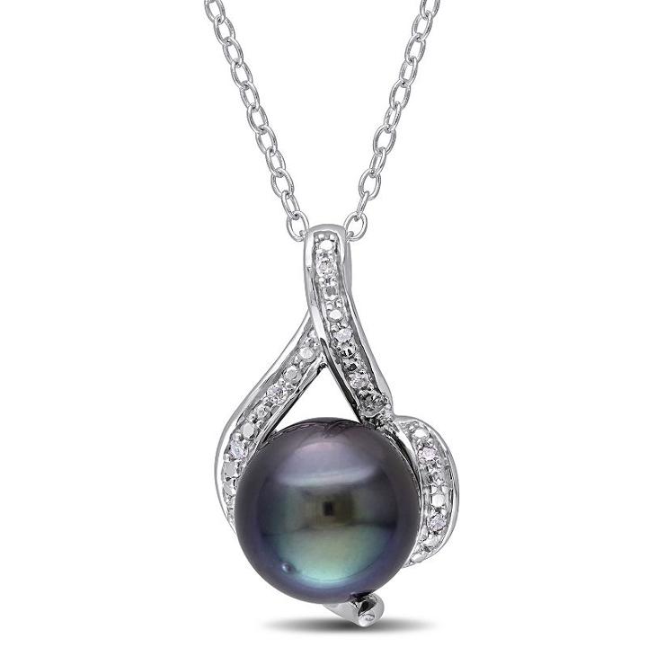 Womens Diamond Accent Black Pearl Sterling Silver Pendant Necklace