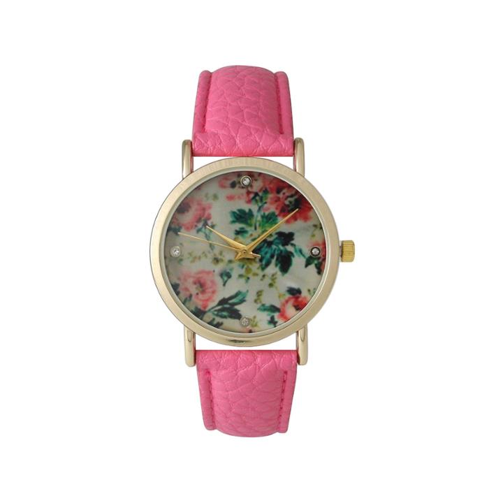 Olivia Pratt Womens Floral Rhinestone Accent Dial Bubble Pink Leather Watch 14977