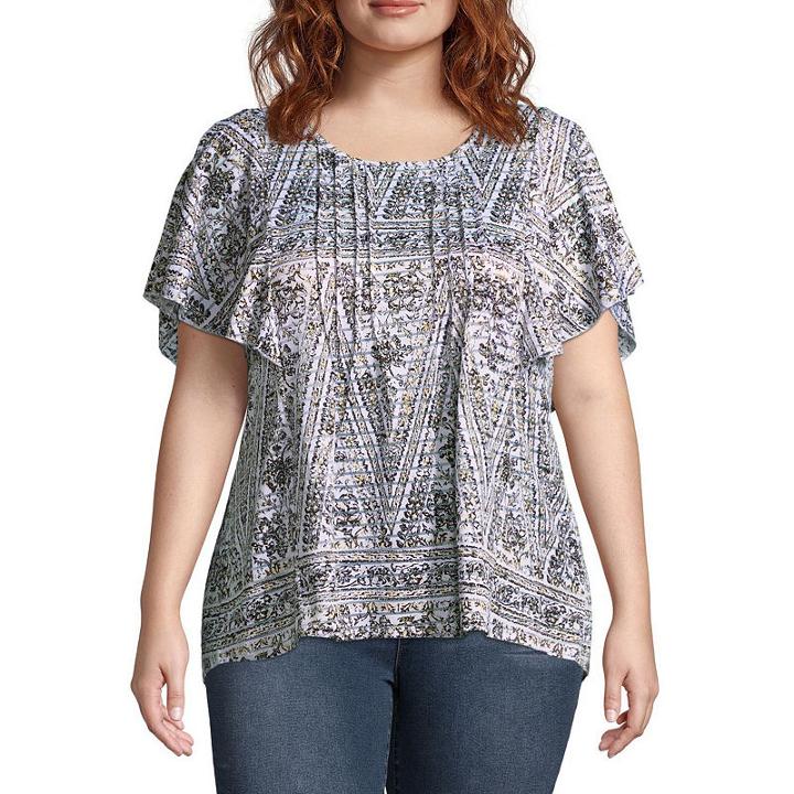 Short Sleeve Flutter Shadow Stripe Blouse - Plus