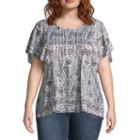 Short Sleeve Flutter Shadow Stripe Blouse - Plus