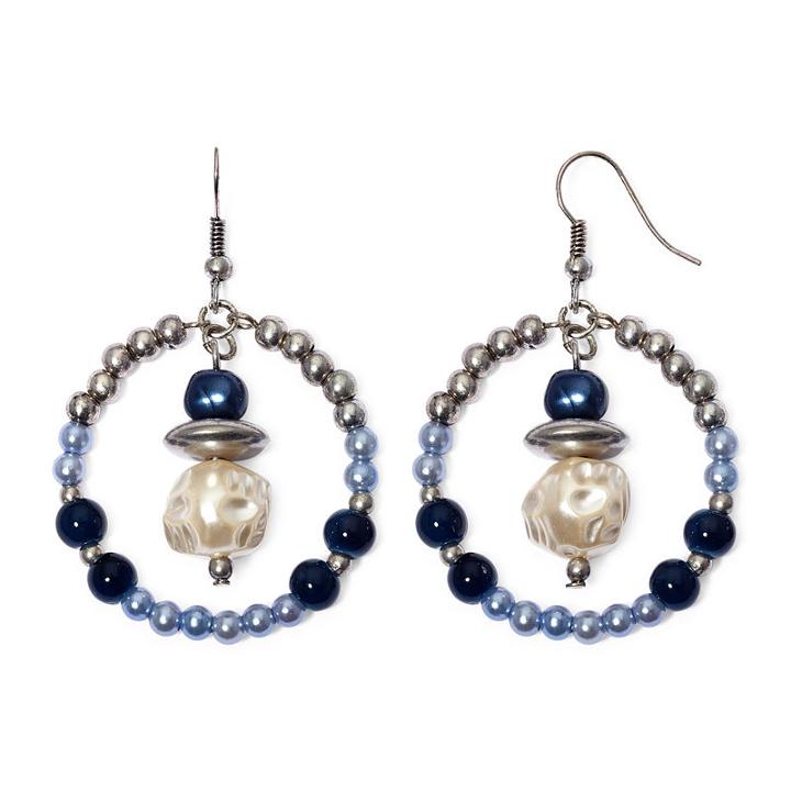 Aris By Treska Blue Bead Silver-tone Hoop Drop Earrings
