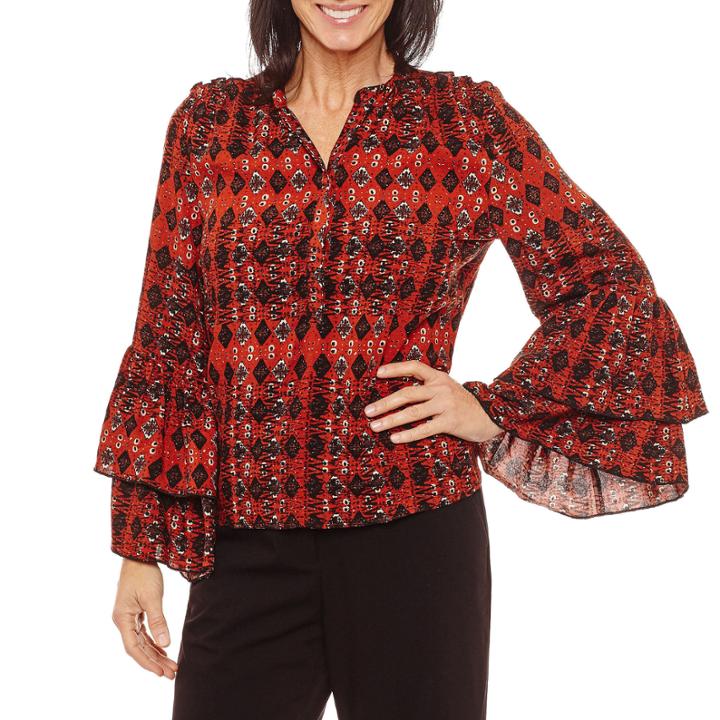 Sag Harbor Ruffles Elbow Sleeve Split Crew Neck Geometric Blouse