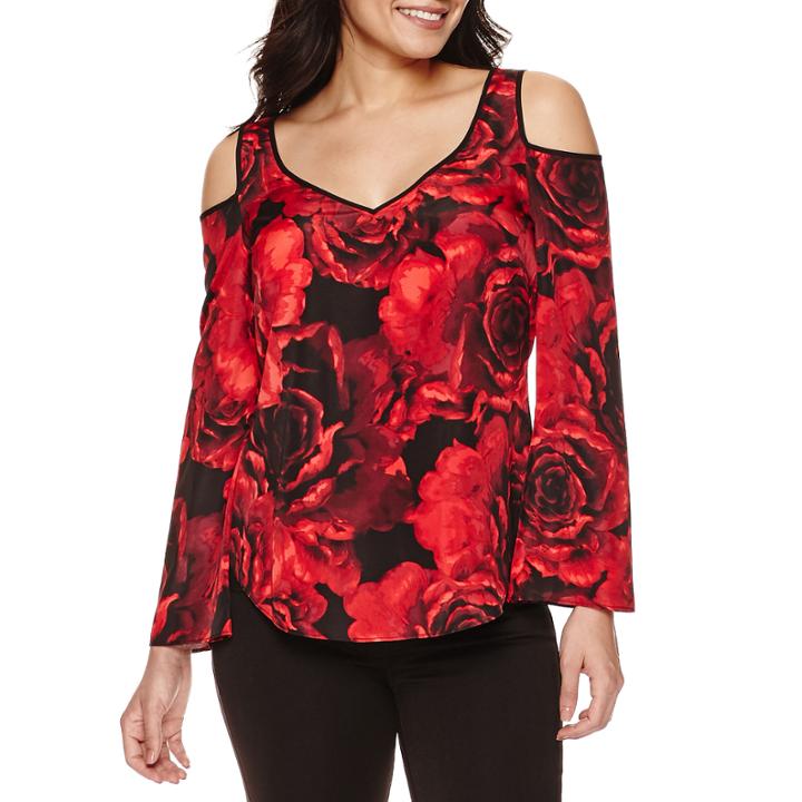 Bisou Bisou Long Sleeve V Neck Cold Shoulder Top