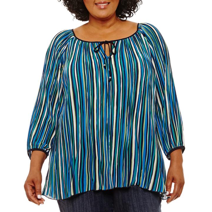 Lark Lane 3/4 Sleeve Split Crew Neck Crepe Stripe Blouse-plus