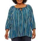 Lark Lane 3/4 Sleeve Split Crew Neck Crepe Stripe Blouse-plus