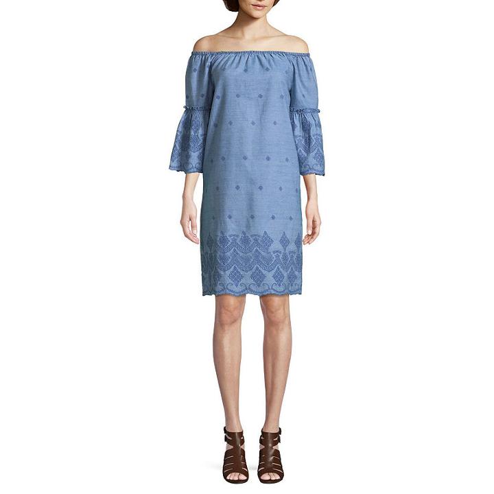 St. John's Bay 3/4 Sleeve Embroidered Eyelet Dress