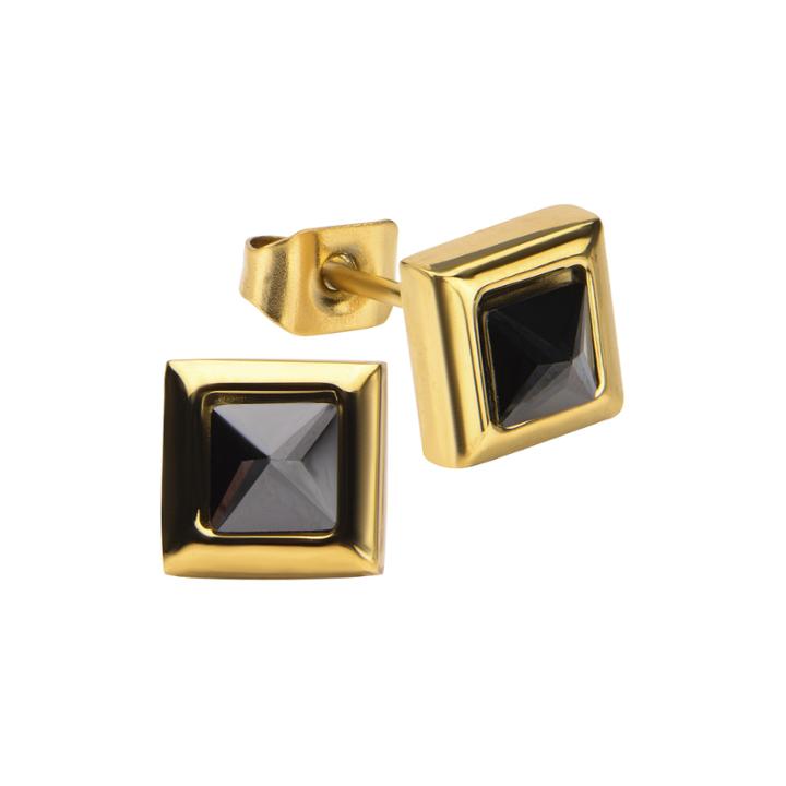Stainless Steel And Yellow Ip Black Square Crystal Stud Earrings