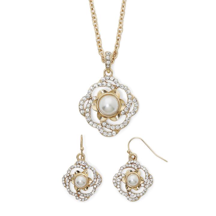 Monet Simulated Pearl Flower Earring And Necklace Set
