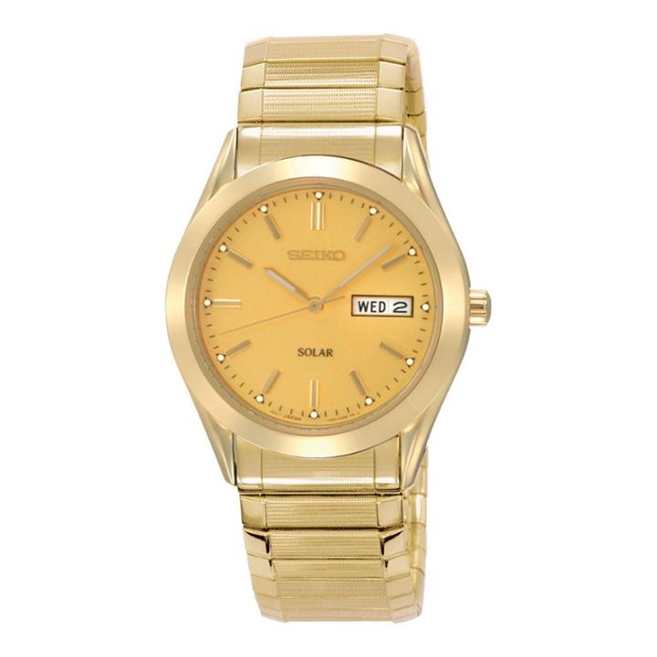 Seiko Mens Champagne Dial Gold-tone Stainless Steel Solar Watch Sne058