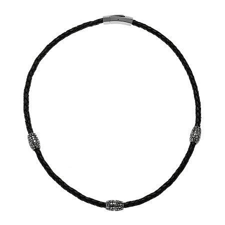 Mens Braided Black Leather Stainless Steel Necklace