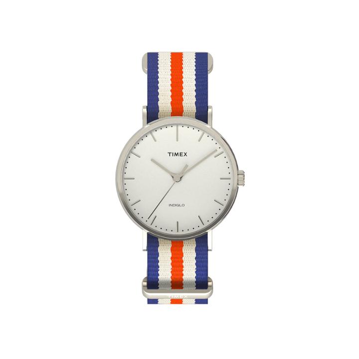 Timex Weekender Fairfield Mens Orange Blue And White Stripe Fabric Strap Watch