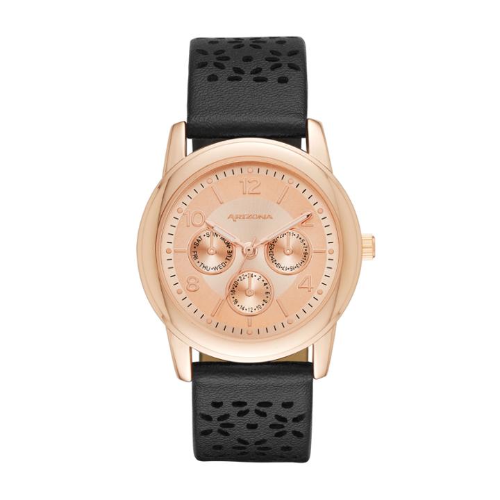 Arizona Womens Rose Gold Tone Black Strap Watch