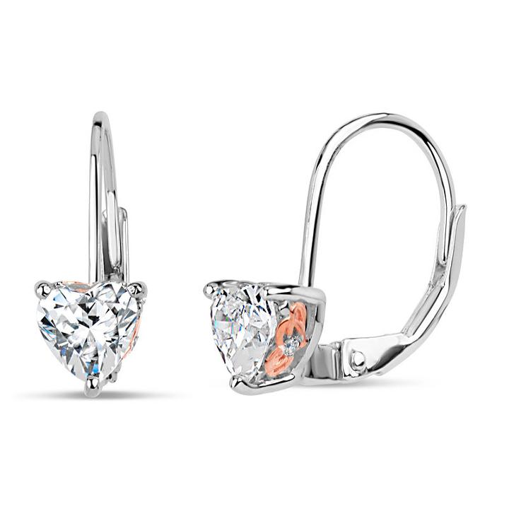 Sterling Silver Two-tone Heart Leverback Earrings Featuring Swarovski Zirconia