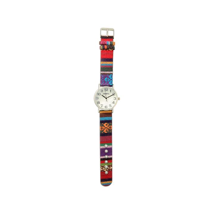 Olivia Pratt Womens Silver-tone Faux Mop Dial Red-purple Patterned Fabric Strap Watch 10352tr