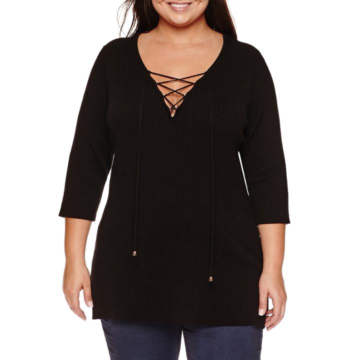 Bisou Bisou Long Sleeve Lace Up Sweater-plus