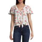 Arizona Short Sleeve V Neck Woven Floral Blouse-juniors