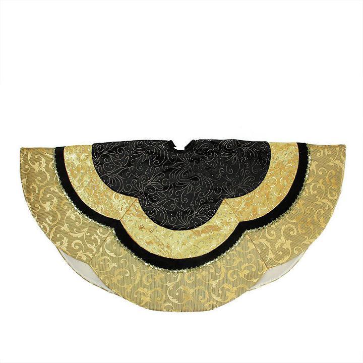 48 Black And Gold Embossed Velvet Silk Brocade And Metallic Trim Scallop Christmas Tree Skirt