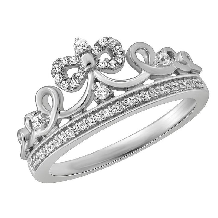 Enchanted Disney Fine Jewelry 1/6 C.t.t.w. Diamond Sterling Silver Snow White Crown With Bow Ring