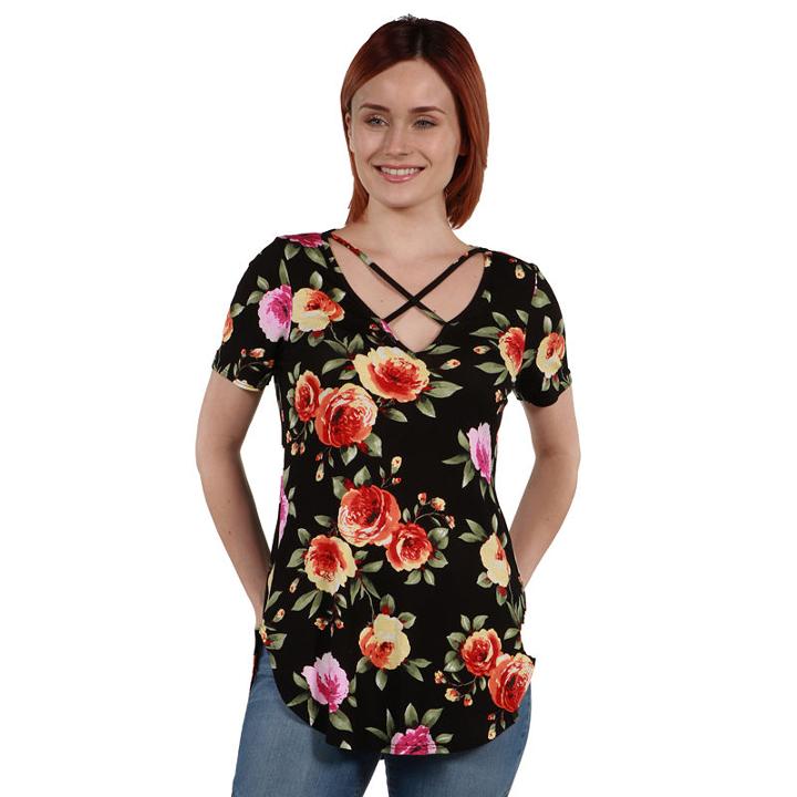 24seven Comfort Apparel Meg Black Floral Tunic Top
