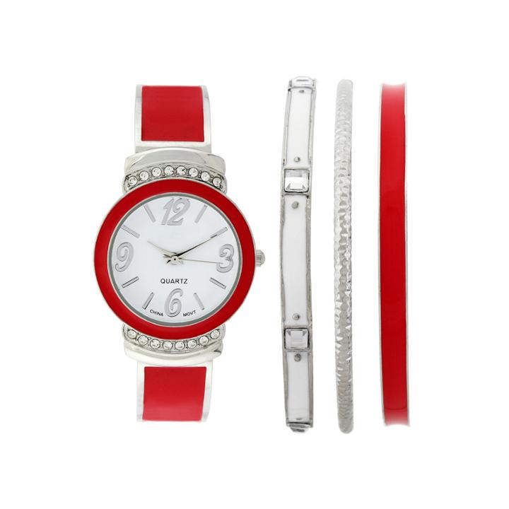 Womens Crystal-accent Red Bangle Watch And Bracelet Set