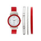 Womens Crystal-accent Red Bangle Watch And Bracelet Set