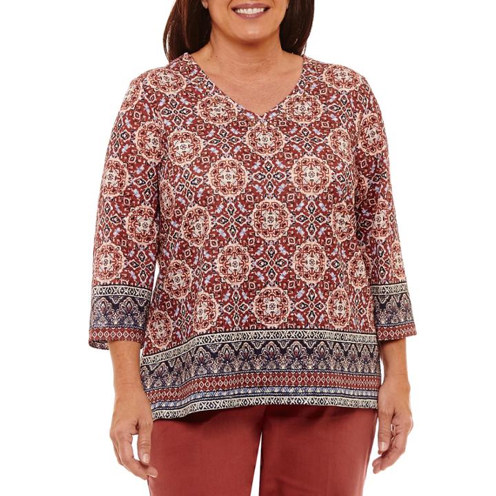 Alfred Dunner Gypsy Moon 3/4 Sleeve V Neck T-shirt-womens Plus