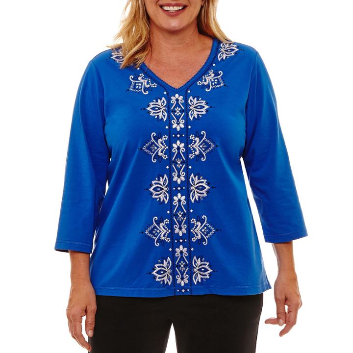 Alfred Dunner Easy Going 3/4 Sleeve Embroidery T-shirt- Plus