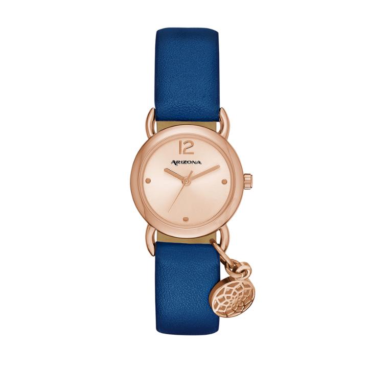 Arizona Womens Rose Gold Tone Feather Charm Navy Strap Watch