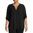 Worthington 3/4 Sleeve Lace Up Woven Blouse-plus