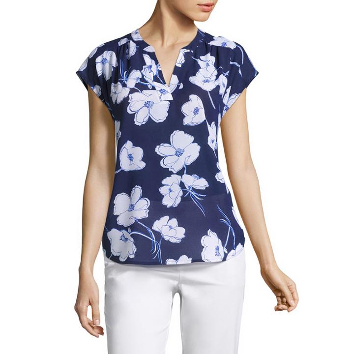 Liz Claiborne Short Flutter Sleeve Split Neck T-shirt