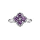 Genuine Amethyst And White Topaz Flower Sterling Silver Ring