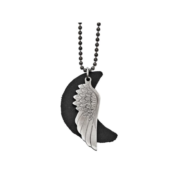 Mens Stainless Steel Wing W/ Leather Moon Pendant