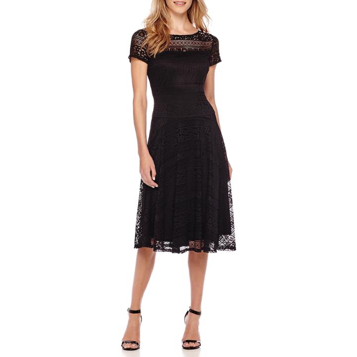 Sangria Short-sleeve Lace Midi Fit-and-flare Dress