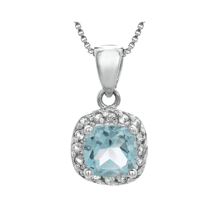 Cushion-cut Simulated Aquamarine And Genuine White Topaz Sterling Silver Pendant Necklace