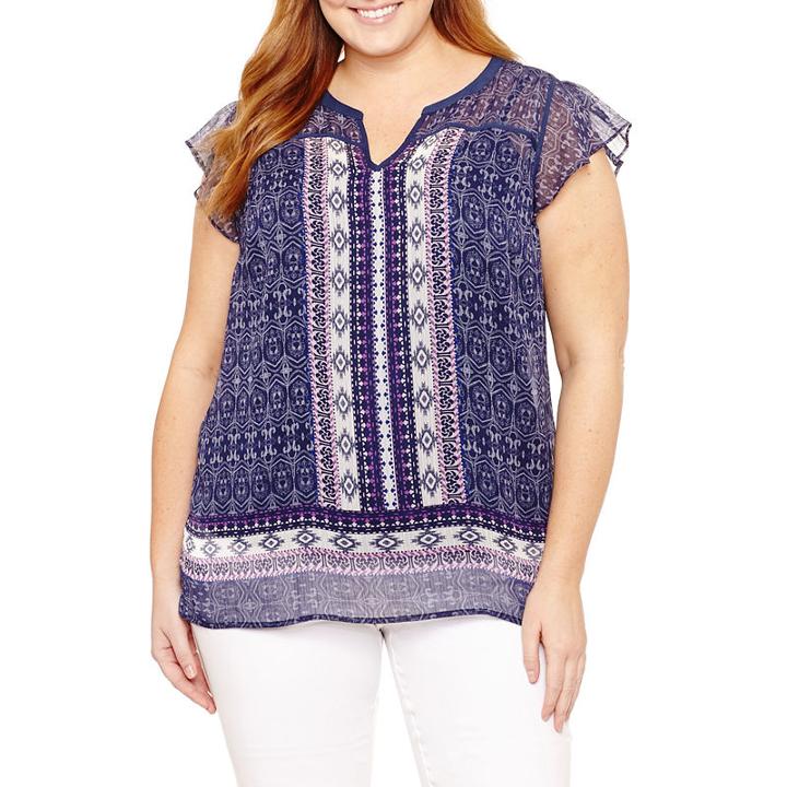 Liz Claiborne Short Sleeve Split Crew Neck Woven Ruffled Blouse-plus