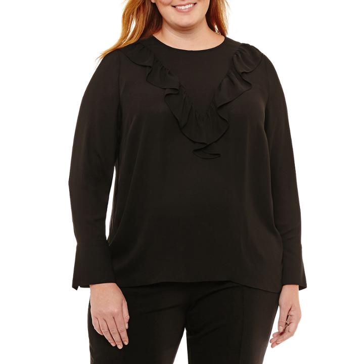 Worthington Long Sleeve Ruffle Woven Blouse-plus