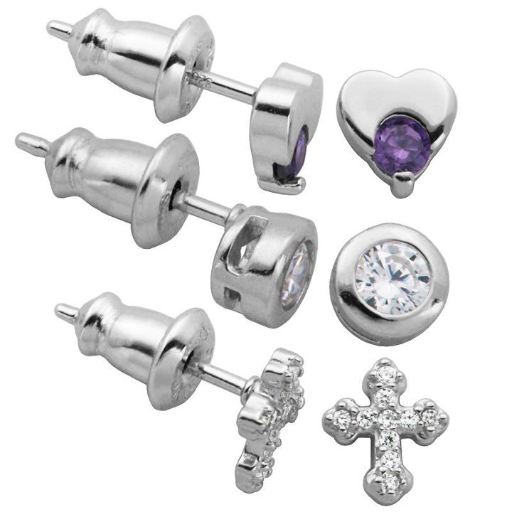 3 Pair Lab Created White Cubic Zirconia Sterling Silver Earring Sets